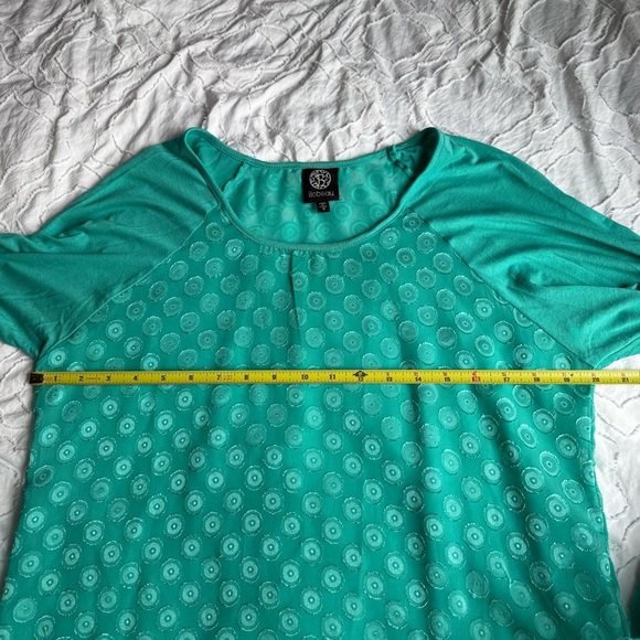 Bobeau Women's Turquoise Blue Long Sleeve Top Polka Dot Mesh - Picture 4 of 6